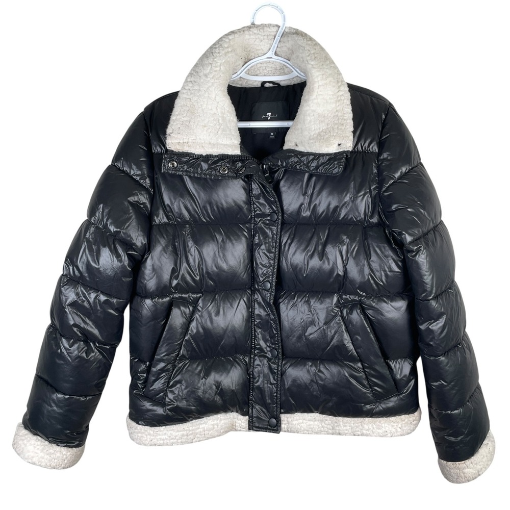7 For All‎ Mankind Quilted Sherpa Puffer Jacket Womens M Black Full Zip Pockets